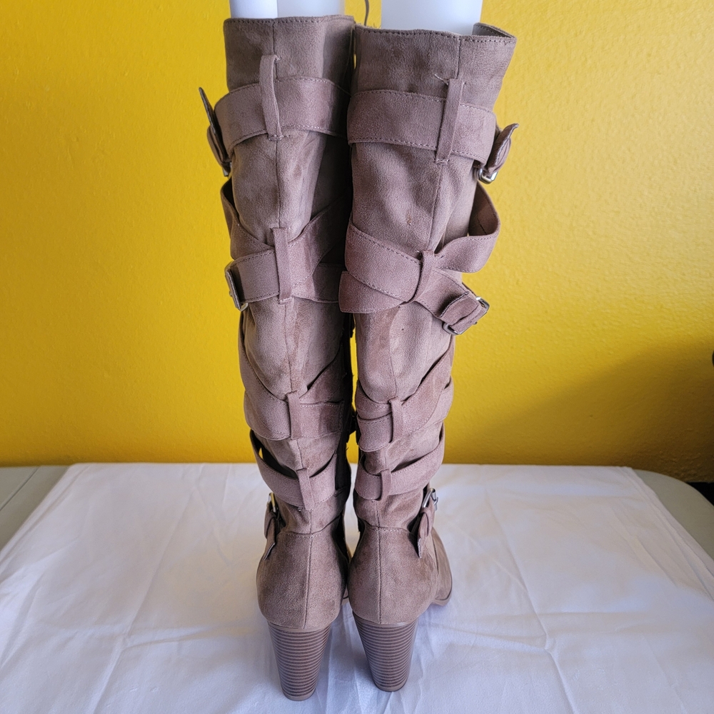 Women's Tan Knee-High Buckle Strap Heeled Boots - Picture 3 of 6